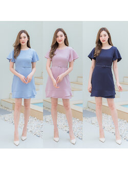 kudapy เดรสสั้นแขนระบายสีชมพู/สีฟ้า/สีกรม ระบายแขนสีพื้นผ้านิ่มใส่สบายสวยดูดี