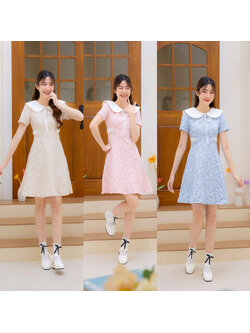 kudapy เดรสสั้นสีชมพู สีน้ำตาล สีฟ้า คอปกแจคกาดคาดเอว