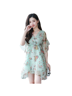 kudapy เดรสสั้นคอวีสีเขียวมิ้นท์ แขนระบายทรงบาน เอวมีสายผูกสามารถดึงได้ตามต้องการ มีซับในอย่างดีน้าาา