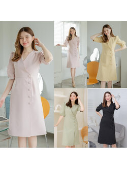 kudapy เดรสสั้นสีชมพูอ่อน,สีเหลือง,สีเขียว,สีดำ,สีชมพูนู้ด,สีแดงไวน์ ผ้านาโนเนื้อดี คอวีแขนตุ๊กตา