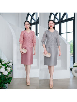 kudapy เดรสผ้าไหมออกงานรุ่นนี้สวยหรูดูสุภาพ งานผ้าลูกไม้ใยบวบ คอวีแต่งลูกไม้รอบคอด้วยลูกไม้ แขนเสื้อเป็นแขนพองบอลลูนแบบจั้มปลายแขนทรงสวย