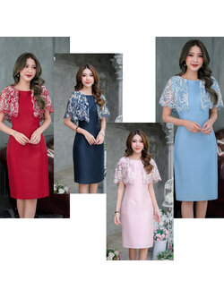 kudapy เดรสสั้นสีแดงเลือดหมู/สีฟ้า/สีกรม/สีชมพู เดรสผ้าไหมญี่ปุ่นดีไซน์ช่วงบนเป็นแบบงานผ้าลูกไม้เงาปักลาย ดีไซน์คลุมไหล่ระบายแบบเก๋ๆ