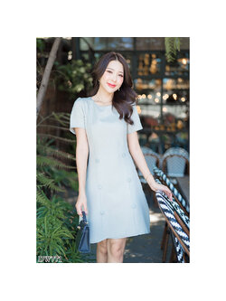 kudapy เดรสสันสีชมพู/สีแดง/สีเขียว ใส่ทำงานกระโปรงแต่งกระดุม สวยดูดีน่ารัก