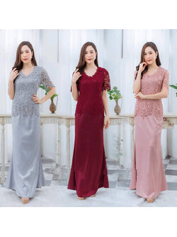 kudapy ชุดราตรียาวคอวีสีเทา/สีแดง/สีชมพู ชุดราตรีไปงานแต่งทรงหางปลา เสื้อลูกไม้ต่อเดรสหางปลายาวซาตินเนื้อนิ่ม