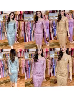 kudapy ชุดเซตออกงานสีทอง,สีชมพู,สีเขียวมิ้นท์ เซตเสื้อ+กระโปรงทรงเอกเข้ารูป ผ้าลูกไม้ปักลายนูนงานสวยมากๆ