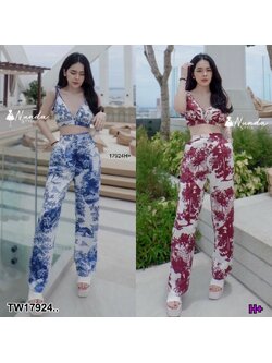 kudapy ชุด Set 2 ชิ้น เสื้อสายเดี่ยวผูกไหล่ + กางเกงขายาวลายกราฟฟิกเข้าเซตไปทะเล