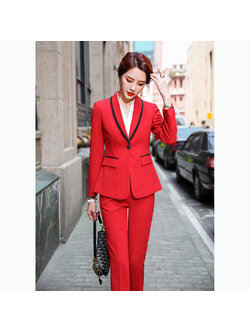 kudapy ชุดสูททำงานผู้หญิงสีแดง แต่งขอบดำพร้อมกางเกง จุดเด่นของเสื้อตัวนี้คือการแต่งขอบตัวเสื้อสีแดงรุ่นนี้เน้นเป็นสีสุภาพเรียบง่าย