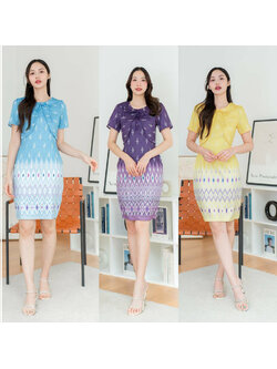 kudapy เดรสสั้นสีเหลือง/สีม่วง/สีฟ้า ลายไทยแต่งกั๊กผูกโบว์