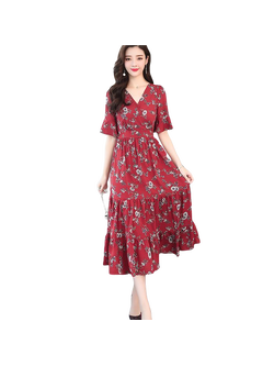 kudapy เดรสยาวคอวีสีแดง/สีขาว พิมพ์ลายดอก สม็อคหลัง แขนสั้นระบาย