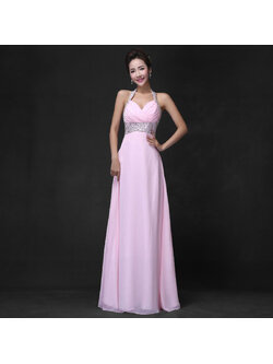 kudapy ชุดราตรียาวสีชมพูอ่อน แบบเก๋ คล้องคอ ช่วยยกเนินอกสวย