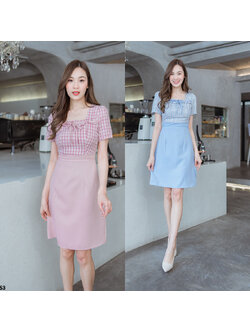 kudapy เดรสสั้นสีชมพู/สีฟ้า ท่อนบนลายสก็อตกระโปรงสีพื้นสวยใส่เบาสบาย ดูดี
