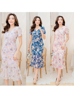 kudapy เดรสสั้นสีม่วง/สีชมพู/สีกรม คอกลมลายดอกไม้ปักด้าย ใส่สบายสวบดูดี