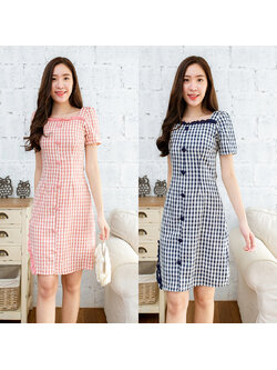 kudapy เดรสสั้นสีกรม/สีชมพู คอเหลี่ยมระบายกระดุมหน้าตารางใส่ดูดีน่ารักมากๆ