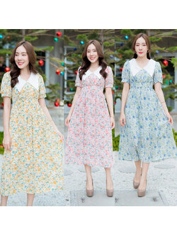 kudapy เดรสสั้นคอบัวแขนสั้นสีชมพู/สีฟ้า/สีเหลือง คอปกแขนตุ๊กตาลายดอกไม้