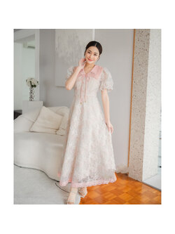 kudapy ชุดเดรสยาวสีชมพูลายดอก คอปก ทรงสวย น่ารัก ผ้าหนามีซับในยาว ทรงสวย