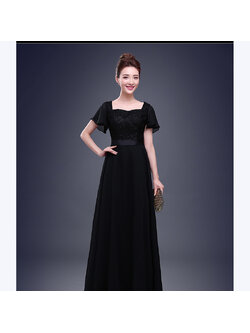 kudapy ชุดราตรียาว สีดำ แขนสั้น ลูกไม้ฉลุ กระโปรงผ้าชีฟอง