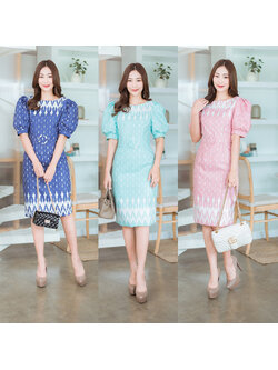 kudapy เดรสสั้นสีกรม/เขียว/ชมพู แขนตุ๊กตาสายรัดเอวลายไทยใส่ออกงานสวยดูเรียบร้อยมากๆ