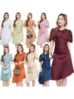 kudapy ชุดเดรสสั้นใส่ออกงาน คอกลมจับจีบระบาย เดรสทรงบานแต่งระบาย ผ้าเครปซาตินนุ่มลื่นใส่สบาย ชุดยาว 40 นิ้ว