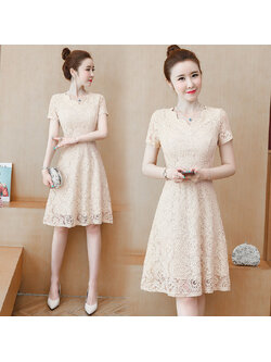 kudapy เดรสสั้นลูกไม้สีครีมเบจ แขนสั้น กระโปรงทรงบานคลุมเข่า แนวเรียบร้อย สวยดูดี ชุดเดรสทำงาน ชุดเดรสออกงาน
