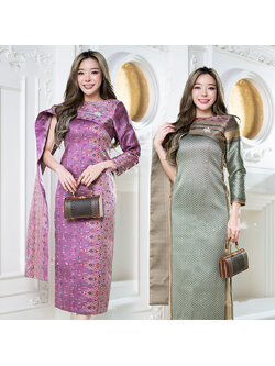 kudapy เดรสยาวสีม่วง/สีเขียว มณีจันทร์" งานผ้าไหมทอสุดหรูลายแพรวา ทรงสไบข้าง ทรงสวยดูสง่ามาก