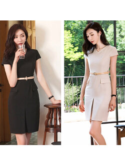 kudapy เดรสแขนสั้นสีกรมท่า สีดำ คอปก ผ้าไม่บาง และไม่หนา เข้ารูป ทรงสอบ เหมาะสำหรับใส่ทำงาน