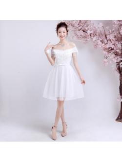 เดรสราตรีสีขาว/เทา/ชมพู/แดง ออกงานสั้น ทรงเปิดไหล่