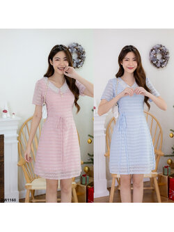 kudapy เดรสสั้นสีชมพู/สีฟ้า คอปกทอง+เชือกผูกเอว