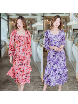 kudapyเดรสสั้นสีชมพู/ม่วง แขนยาวลายดอกไม้สวยดูดีน่ารัมากๆ