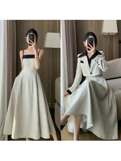 kudapy เซ็ทเดรสยาว มาพร้อมกับเสื้อคลุมลุคทูโทน สวยหรูลุคคุณหนู(แถมฟรีเข็มกลัดดอกไม้)