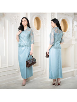 kudapy ชุดเซทเสื้อเป็นลูกไม้สีฟ้า ชุดไปวัด ผ้าถุง ชุดทำบุญ ผ้าลูกไม้ เสื้อลูกไม้ฝรั่งเศส เกรดพรีเมี่ยม