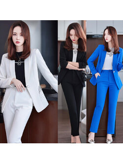 kudapy ชุดสูททำงานผู้หญิงสีน้ำเงินสีดำ/สีขาว ปกกล้วยแต่งเพชรพร้อมกางเกง