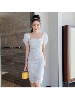 kudapy เดรสสั้นสีขาว ออกงาน ชุดไปงานแต่ง เดรสลูกไม้ ทรงเข้ารูป แนวเรียบหรู สวย ดูดี