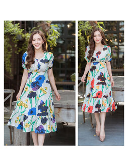 kudapy เดรสั้นสั้นพิมพ์ลายดอกสีกรม,สีแดง แต่งหางปลาลายมะนาวใส่สบายสวยดูดี