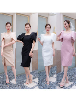 kudapy เดรสสั้นสีดำ/สีขาว/สีชมพู/สีครีม ไหล่ตั้ง+สร้อยมุก ใส่ออกงานสวยดูดี