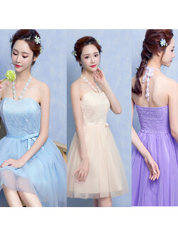 kudapy ชุดราตรีสั้นใส่ออกงาน สีครีมเบจ/สีฟ้า/สีม่วง มีสายผูกคอลายลูกไม้ เดรสเกาะอก หลังสม็อคยืดได้