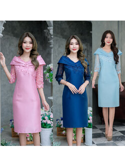 kudapy เดรสสั้นสีชมพู/สีกรม ผ้าไหมญี่ปุ่น ดีไซน์สวยหรูหราออกแบบโอบไหล่แต่งระบายด้วยผ้าแก้ว ช่วงแขนเป็นผ้าลูกไม้ปักดอกลอย