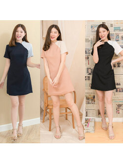 kudapy เดรสแขนสั้นสีกรม/สีดำ/สีส้ม คอจีน ดีไซน์ตัดต่อไหล่ซ้ายเล่นสีตัดกับชุด แพทเทิร์นจับเกล็ดเข้ารูป