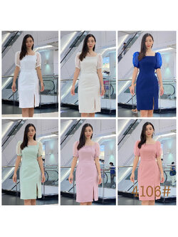 kudapy เดรสสั้นสีขาว ชมพูเข้ม ชมพูอ่อน กรมท่า เขียวอ่อน ครีม คอเหลี่ยม แขนตุ๊กตา ปรับขยายไซส์แขนได้ ทรงเข้ารูป กระโปรงผ่าหน้า