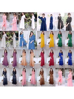 kudapy Maxi Dress แม็กซี่เดรสเชิ้ตแขนยาว สีพื้น งานเชิ้ตแต่งคอปกกระดุมช่วงหน้ายาวข้างเอวเย็บติดสายผูกเอว