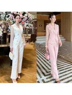 kudapy เซตเสื้อลูกไม้คอปกทรงสูท+กางเกงขายาวทรงกระบอกสีขาว ,สีชมพู