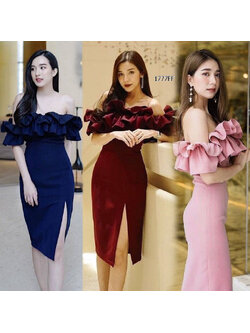 kudapy เดรสปาดไหล่ ระบายรอบน่ารัก แอบเซ็กซี่ งานมีซิปซ่อนหลัง ตีเกล็ดหน้าหลัง เอวไม่สม็อค ทรงเข้ารูป