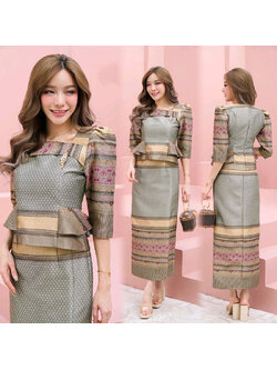 kudapy ชุดเซทไทยประยุกต์สีเขียว งดงามอย่างไทยแบบฉบับ แต่งจีบเอวสวยดูดี