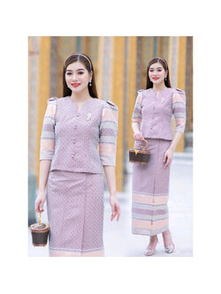 kudapy เซ็ทกวินตรา ผ้าไหมกวินตาทอลายสอดดิ้นทองอัดกาวทั้งชุด สีโอรสหวานให้ลุคผู้ดี ดูสง่า