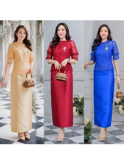 kudapy Set งาน2ชิ้น เสื้อ+กระโปรง เสื้อลูกไม้ทอปักเลื่อม ลูกไม้ใยบวบย้อมสีแบบพิเศษ คอกลม แขนเป็นบอลลูน