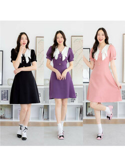 kudapy เดรสสั้นสัชมพู/สีม่วง/สีดำ ผ้าพิ้นแขนตุ๊กตาแต่งโบว์อก