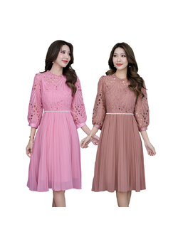 kudapy เดรสสั้นคอปีน แขนพองสีชมพู สีน้ำตาลกะปิ เดรสระบาย แต่งลูกปัดเพิ่มดีเทลที่เอว แขนสามส่วน งานมีซับใน ซิบหลัง