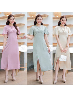 kudapy เดรสยาวสีเขียว/สีชมพูกลีบบัว/สีครีม แขนกระดิ่ง เอวสูงจีบโค้งใต้อก เป็นผ้าซาตินเนื้อหนา