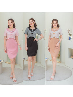 kudapy เดรสสั้นสีน้ำตาล/สีชมพู/สีดำ ลายสก๊อต กระโปรงผ้าเรียบ ทรงเข้ารูป ดีเทลติดโบว์ น่ารัก ปกคอบัวสุดคิวท์