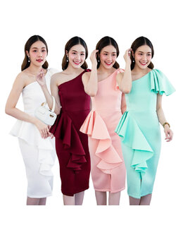 kudapy เดรสสั้นไหล่เฉียงข้าง เดรสไปงานไหล่เดี่ยวเฉียงข้างสีเขียวมิ้นท์ สีขาว สีแดงไวน์ สีชมพูโอรส แต่งระบายไหล่ ด้านหน้าช่วงเอวระบายเลเยอร์ มีซับใน ซิบหลังอย่างดี