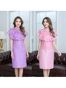 kudapy เดรสสั้นไปงานแต่งสีชมพู/สีม่วง ผ้าลูกไม้เงาผสมผ้าไหม มีซับใน ซิบหลัง